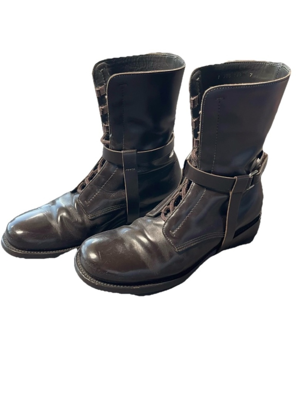 JIL SANDER Mens Brown Smooth Leather Mid-Calf Lace Up Harness Belt Boots Size 7